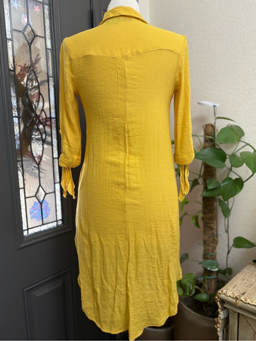 Mlle Gabrielle Mustard Yellow Textured Button Front Shirt Dress | Size S - Picture 6 of 8